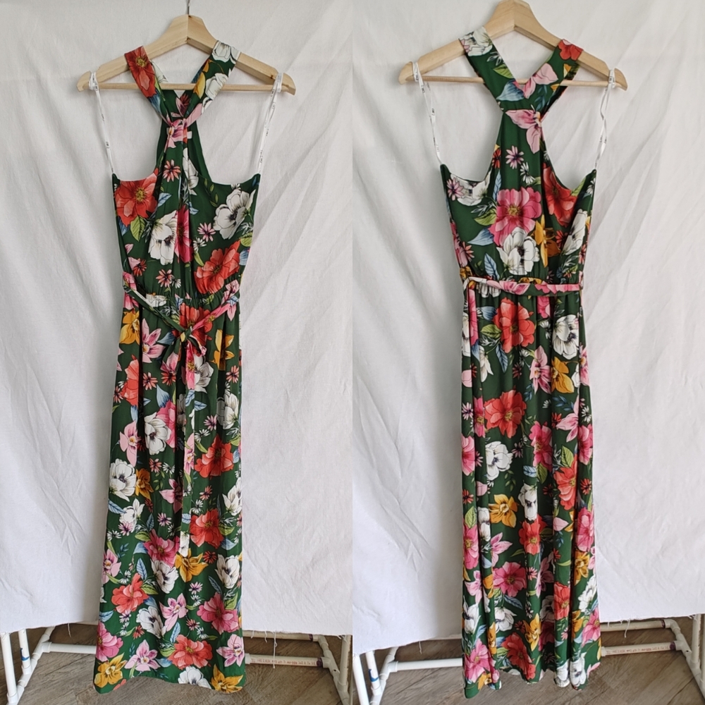 DR2 DANIEL RAINN Green Floral Belted Elastic Waist Maxi Halter Dress M Nordstrom